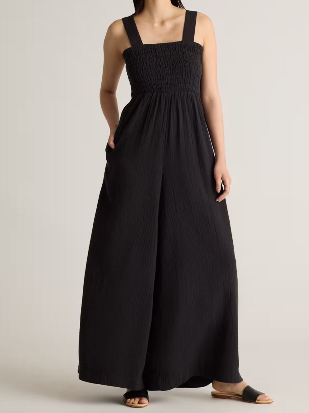 Quince 100% Organic Cotton Gauze Smocked Wide Leg Black Jumpsuit - Size Large